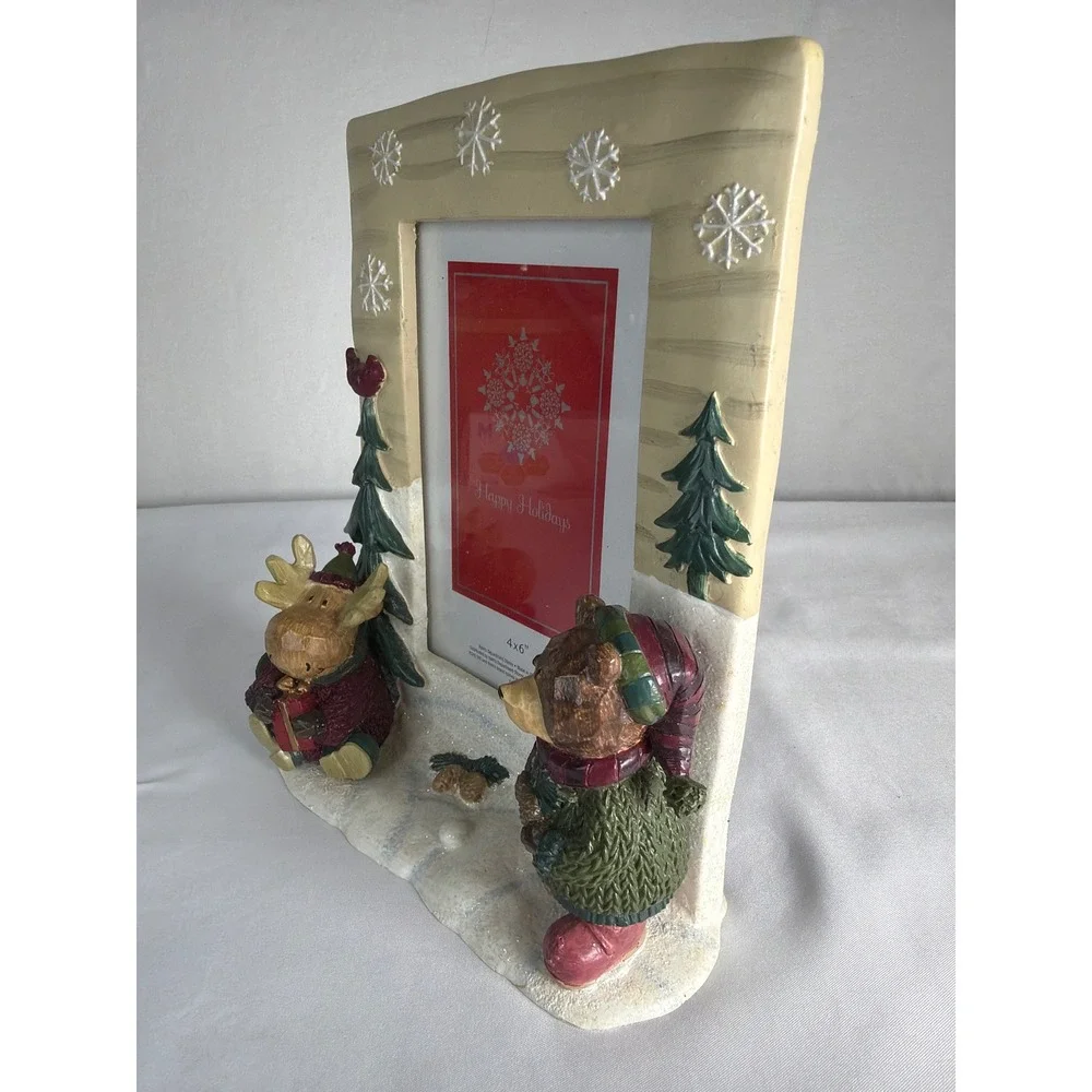 VINTAGE Circa 2000 Winter Kohl's Bear Moose Picture Frame Unisex 4x6 Cream